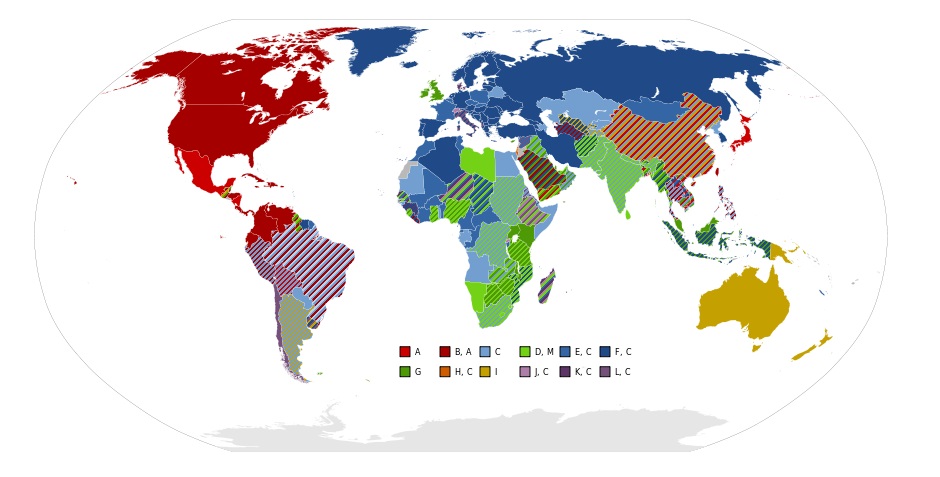 weltkarte der verwendeten steckertypen